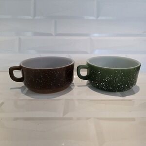Anchor Hocking Fire King‎ D Handle Green & Brown Speckled Stackable Soup Bowls
